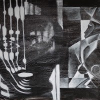 Acrylgemälde in schwarz-weissen Kontrasten mit der Darstellung eines afrikanischen Kopfes und zweier Statuen